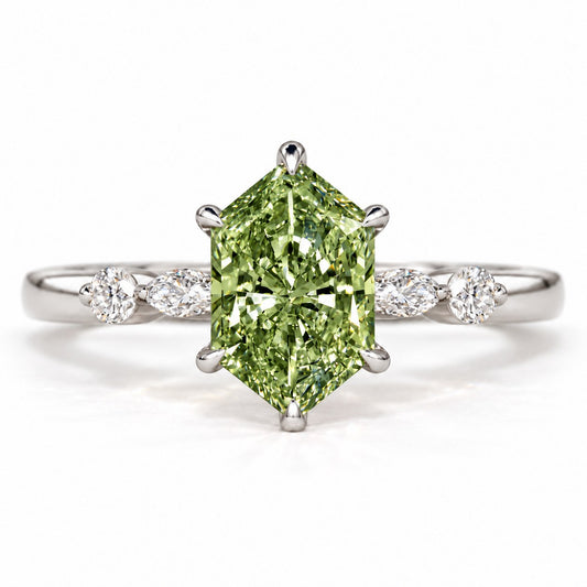 Green Hexagon Cut Lab Grown Diamond Engagement Ring - Marquise and Round Accents in white gold, front view