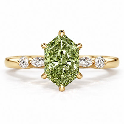 Green Hexagon Cut Lab Grown Diamond Engagement Ring - Marquise and Round Accents in yellow gold, front view
