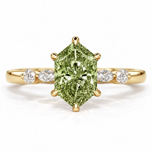 Green Hexagon Cut Lab Grown Diamond Engagement Ring - Marquise and Round Accents in yellow gold, front view