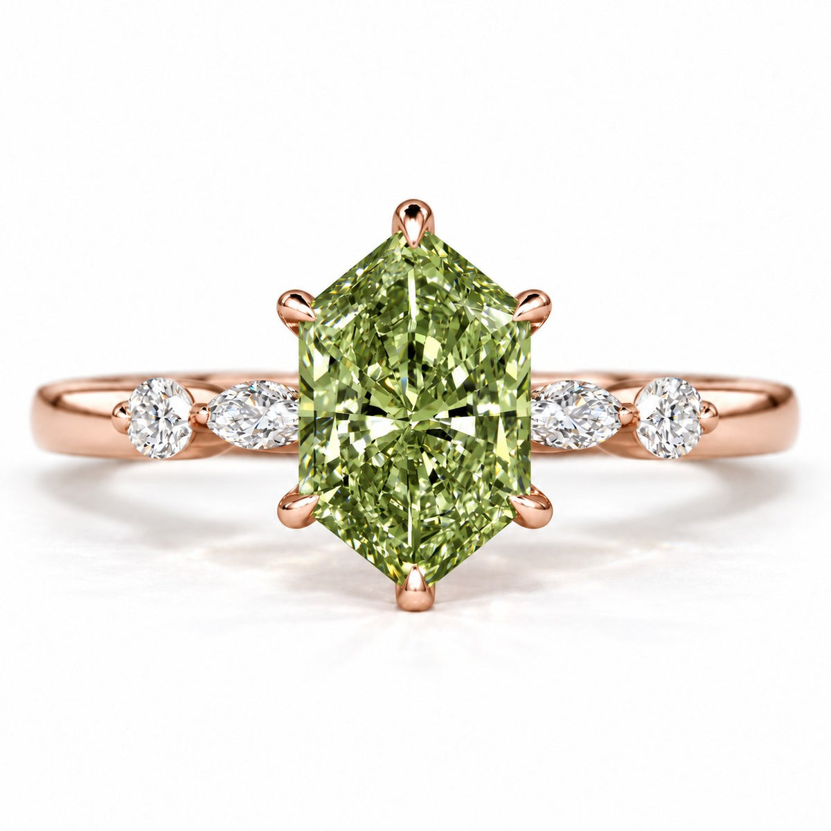 Green Hexagon Cut Lab Grown Diamond Engagement Ring - Marquise and Round Accents in rose gold, front view