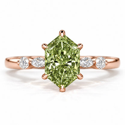 Green Hexagon Cut Lab Grown Diamond Engagement Ring - Marquise and Round Accents in rose gold, front view