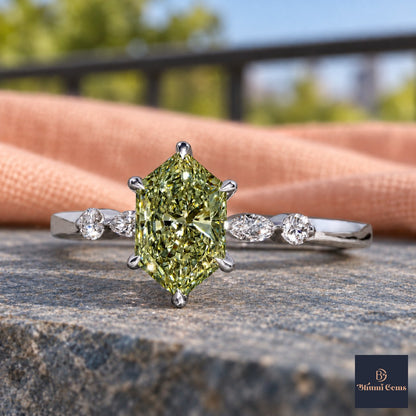 Green Hexagon Cut Lab Grown Diamond Engagement Ring - Marquise and Round Accents in white gold, close-up