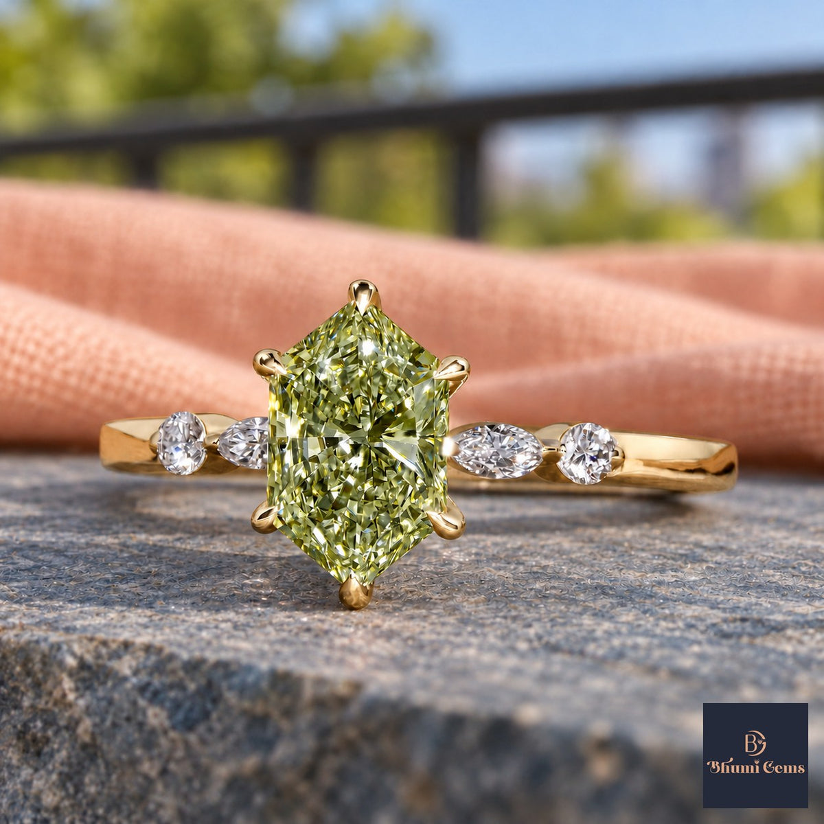 Green Hexagon Cut Lab Grown Diamond Engagement Ring - Marquise and Round Accents in yellow gold, close-up