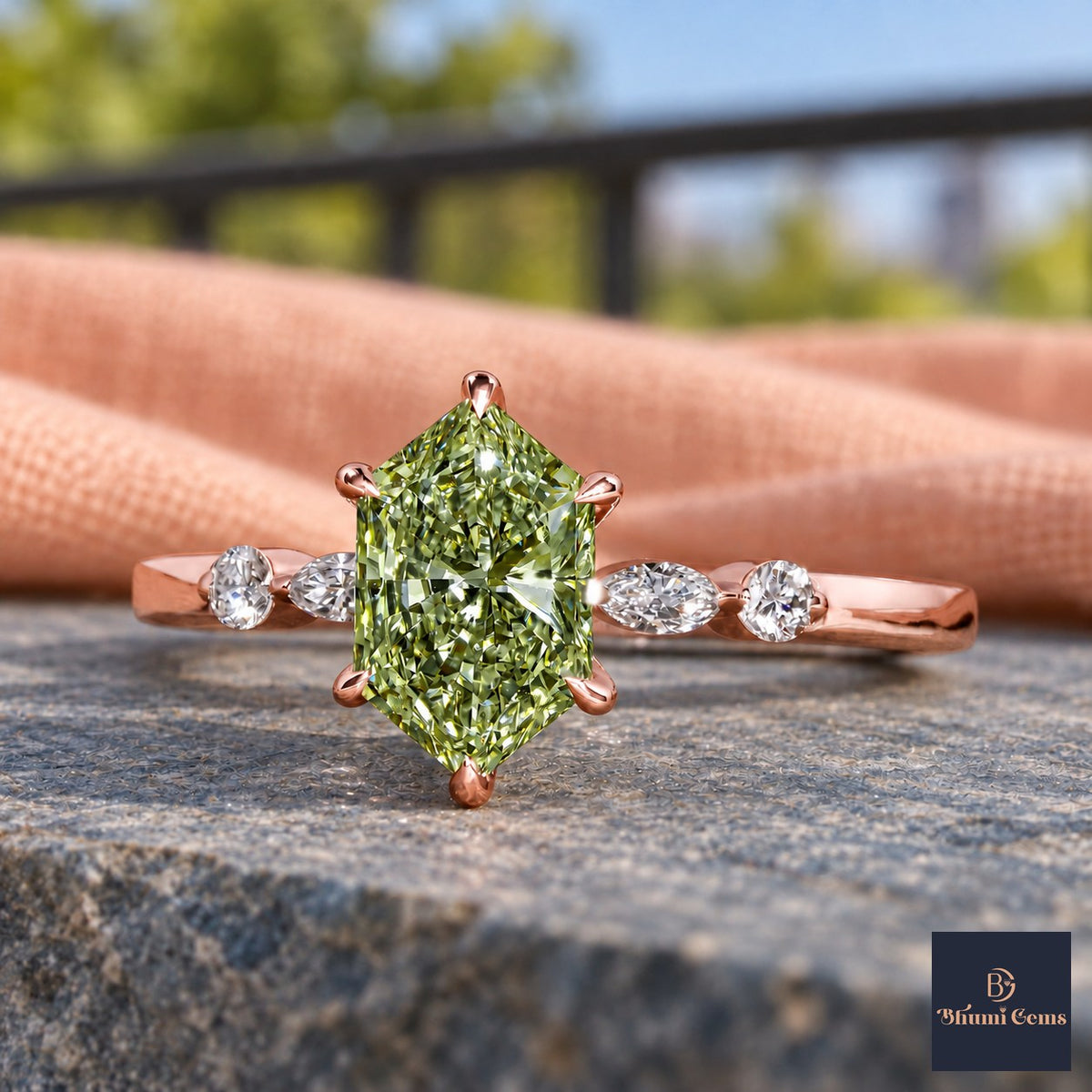 Green Hexagon Cut Lab Grown Diamond Engagement Ring - Marquise and Round Accents in rose gold, close-up