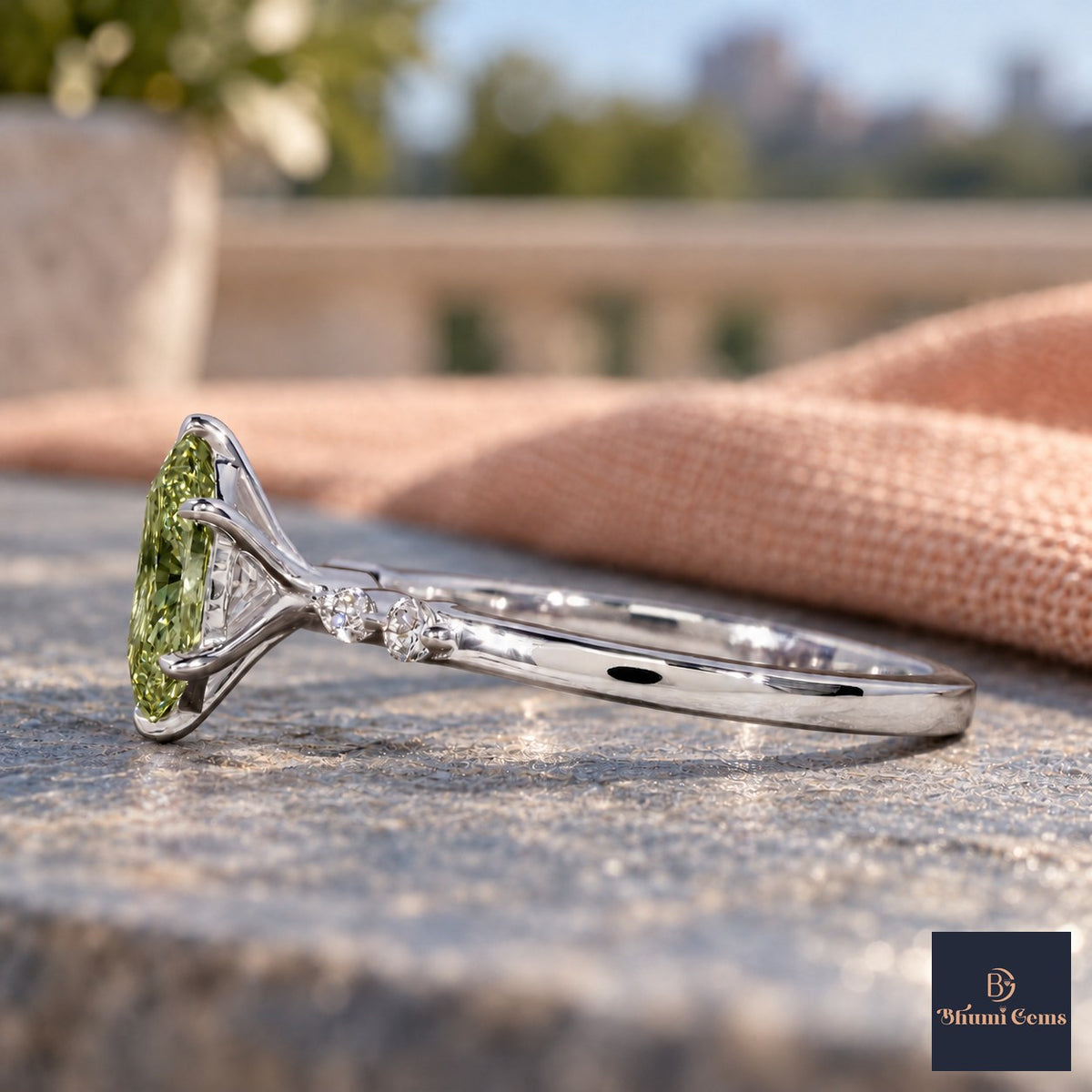 Green Hexagon Cut Lab Grown Diamond Engagement Ring - Marquise and Round Accents in white gold, side view