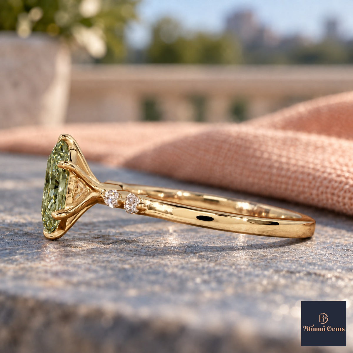 Green Hexagon Cut Lab Grown Diamond Engagement Ring - Marquise and Round Accents in yellow gold, side view