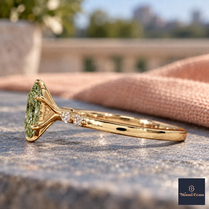 Green Hexagon Cut Lab Grown Diamond Engagement Ring - Marquise and Round Accents in yellow gold, side view