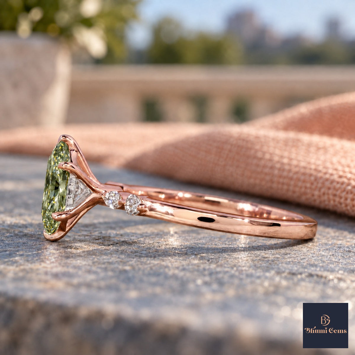 Green Hexagon Cut Lab Grown Diamond Engagement Ring - Marquise and Round Accents in rose gold, side view