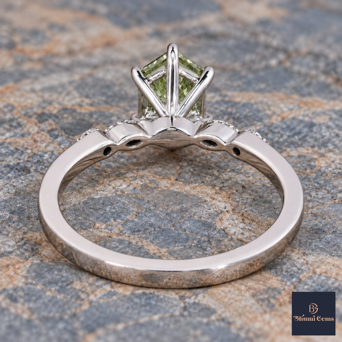 Green Hexagon Cut Lab Grown Diamond Engagement Ring - Marquise and Round Accents in white gold, gallery view
