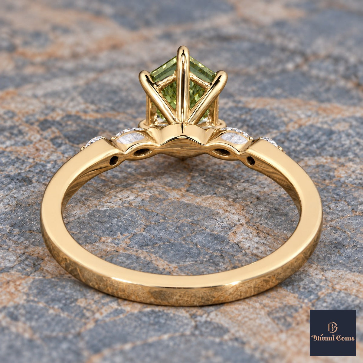 Green Hexagon Cut Lab Grown Diamond Engagement Ring - Marquise and Round Accents in yellow gold, gallery view