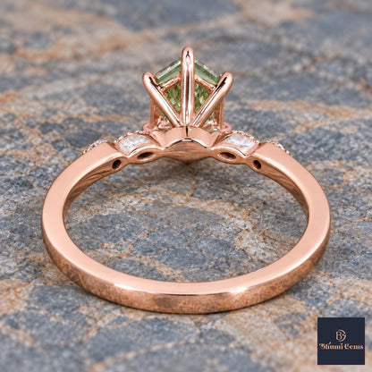 Green Hexagon Cut Lab Grown Diamond Engagement Ring - Marquise and Round Accents in rose gold, gallery view
