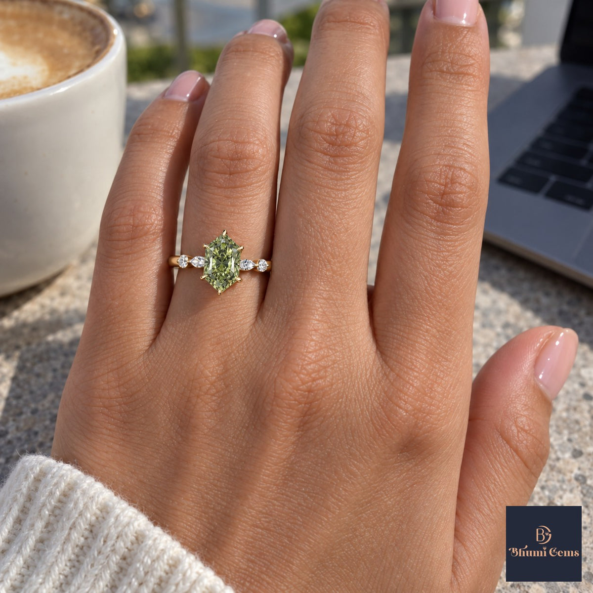 Green Hexagon Cut Lab Grown Diamond Engagement Ring - Marquise and Round Accents in yellow gold, on the hand
