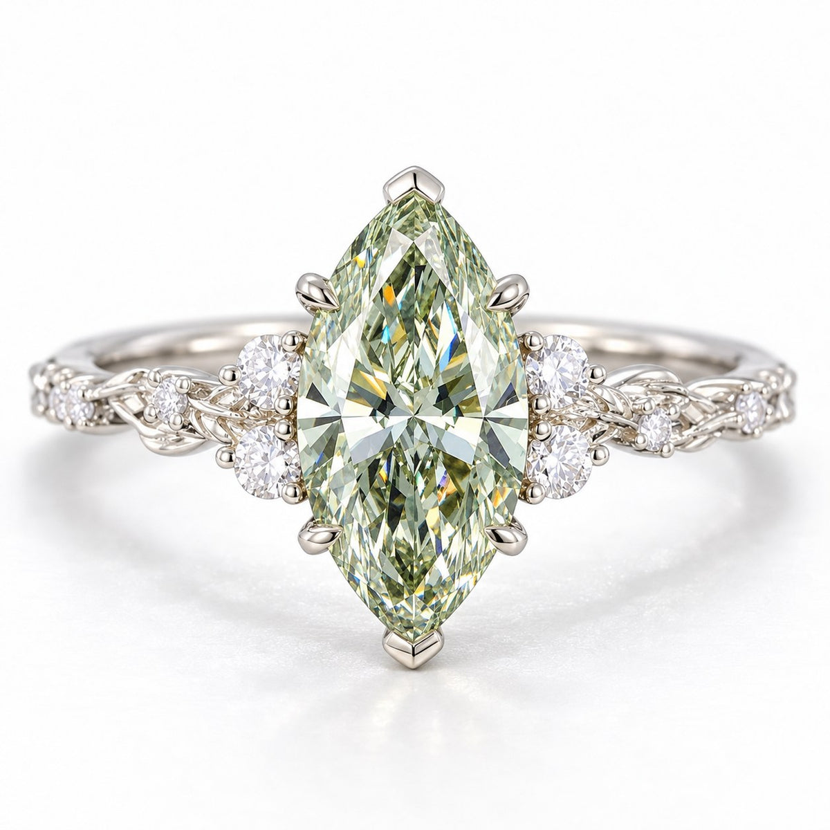 Green Marquise Cut Lab Grown Diamond Engagement Ring - Cluster Vine Band in white gold, front view