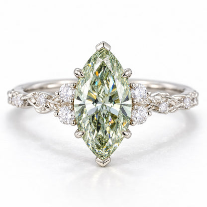 Green Marquise Cut Lab Grown Diamond Engagement Ring - Cluster Vine Band in white gold, front view