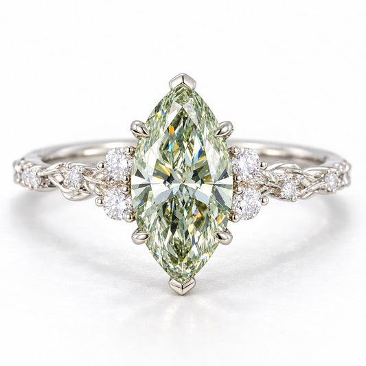 Green Marquise Cut Lab Grown Diamond Engagement Ring - Cluster Vine Band in white gold, front view