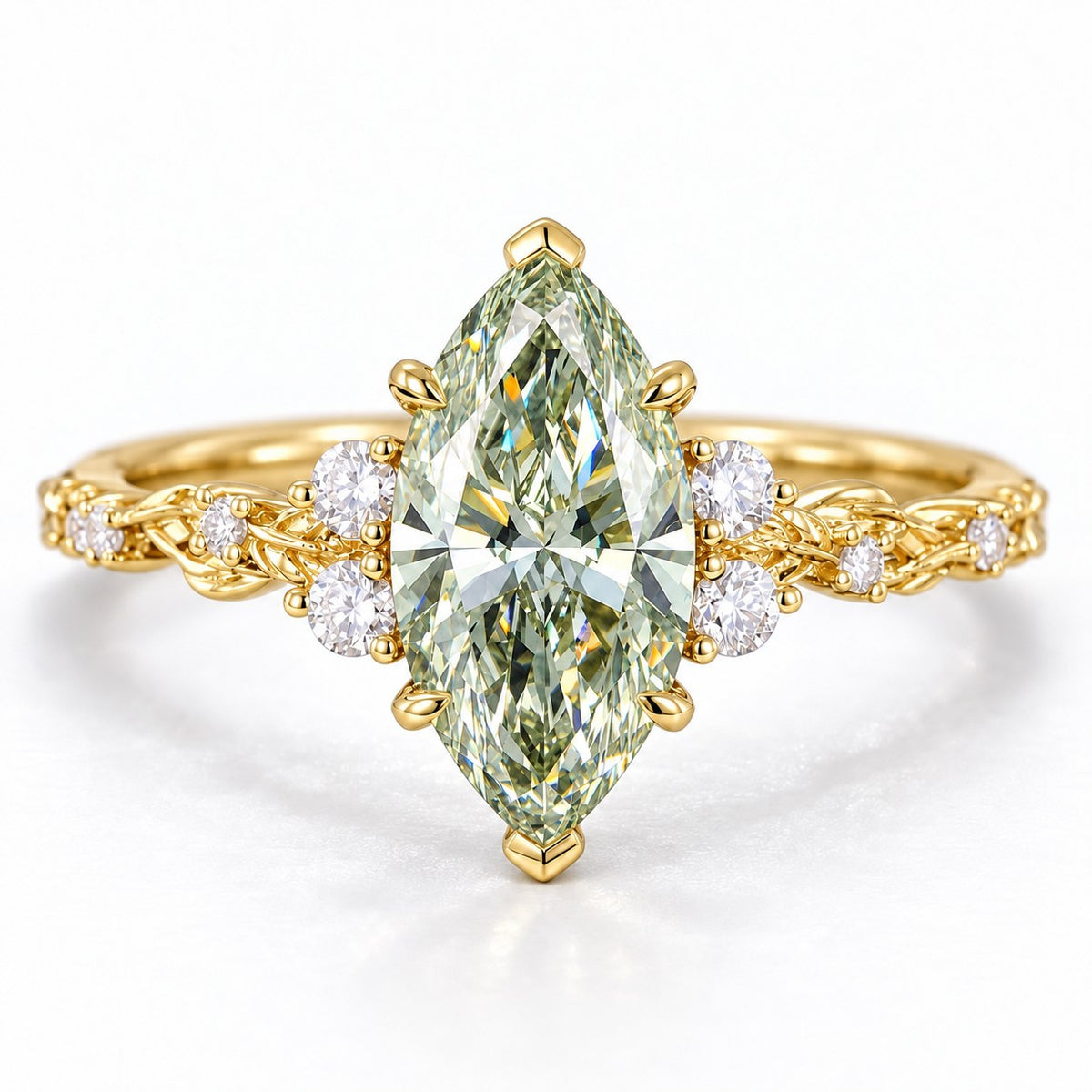 Green Marquise Cut Lab Grown Diamond Engagement Ring - Cluster Vine Band in yellow gold, front view