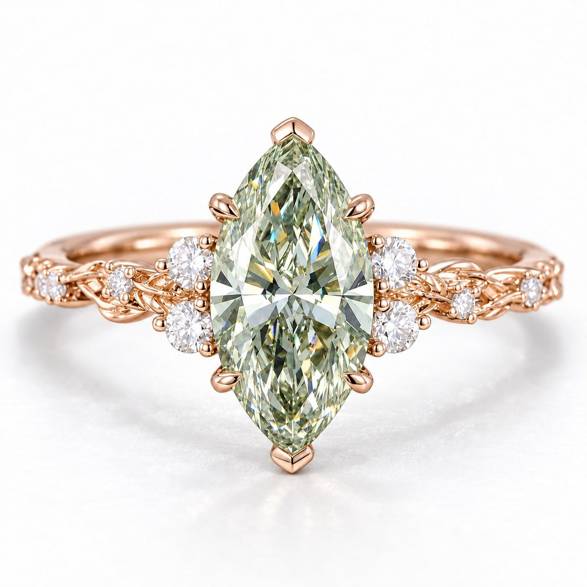 Green Marquise Cut Lab Grown Diamond Engagement Ring - Cluster Vine Band in rose gold, front view