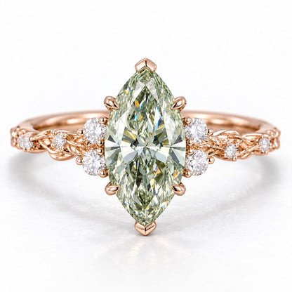 Green Marquise Cut Lab Grown Diamond Engagement Ring - Cluster Vine Band in rose gold, front view