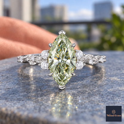 Green Marquise Cut Lab Grown Diamond Engagement Ring - Cluster Vine Band in white gold, close-up
