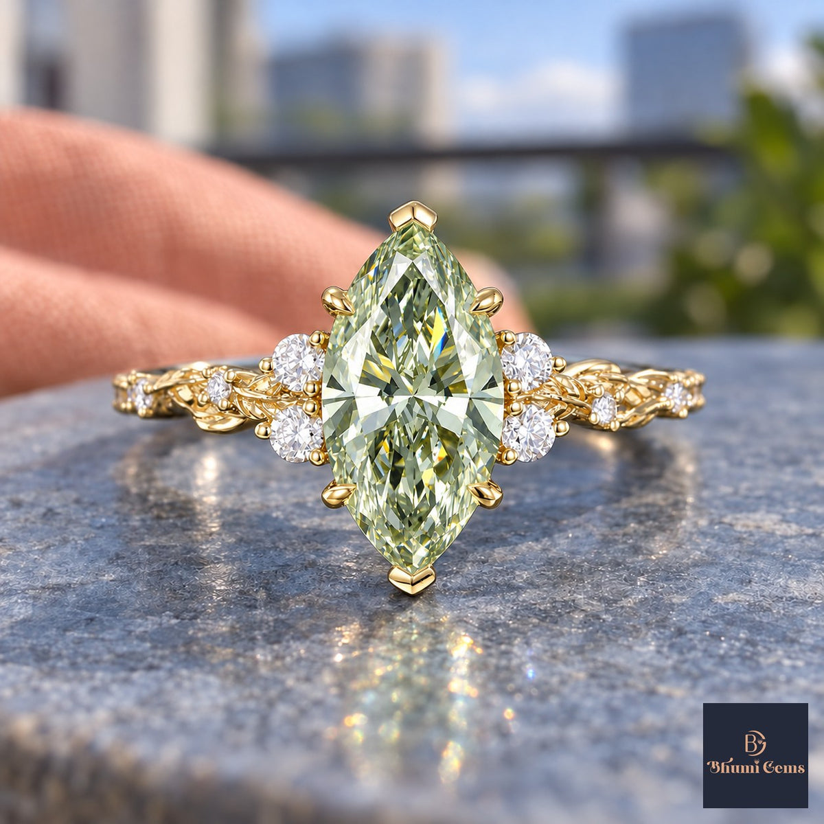 Green Marquise Cut Lab Grown Diamond Engagement Ring - Cluster Vine Band in yellow gold, close-up