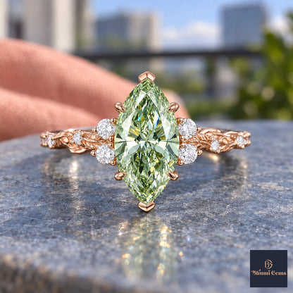 Green Marquise Cut Lab Grown Diamond Engagement Ring - Cluster Vine Band in rose gold, close-up