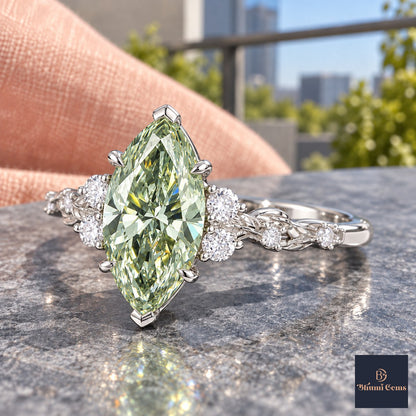 Green Marquise Cut Lab Grown Diamond Engagement Ring - Cluster Vine Band in white gold, side view