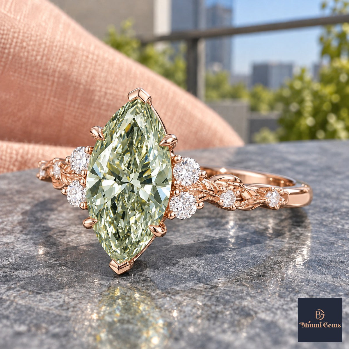 Green Marquise Cut Lab Grown Diamond Engagement Ring - Cluster Vine Band in rose gold, side view