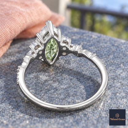 Green Marquise Cut Lab Grown Diamond Engagement Ring - Cluster Vine Band in white gold, gallery view