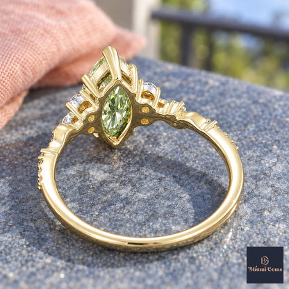 Green Marquise Cut Lab Grown Diamond Engagement Ring - Cluster Vine Band in yellow gold, gallery view