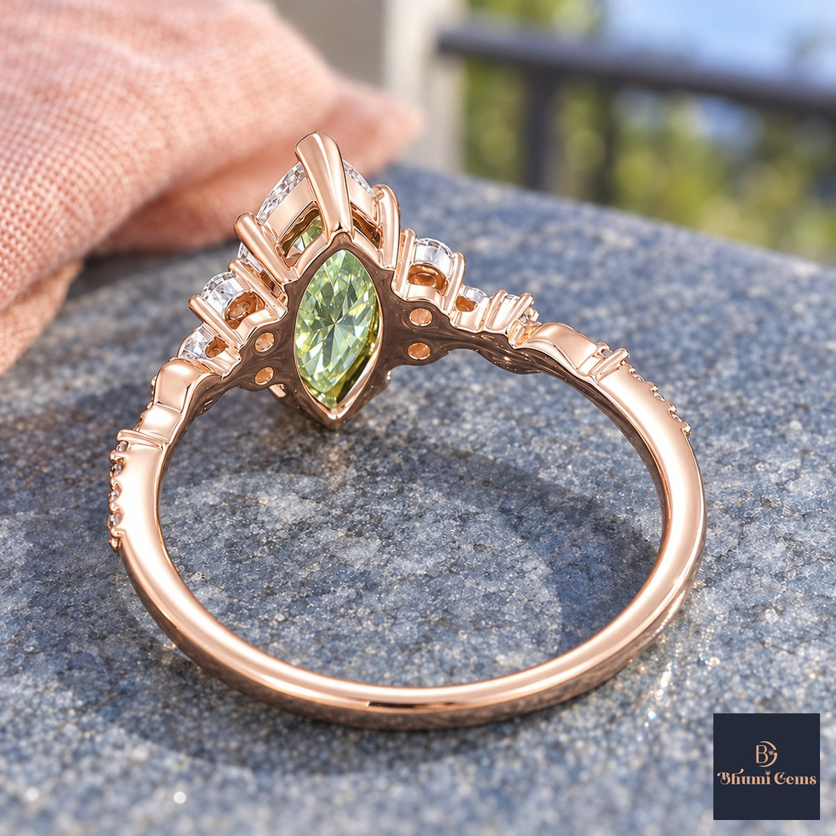 Green Marquise Cut Lab Grown Diamond Engagement Ring - Cluster Vine Band in rose gold, gallery view