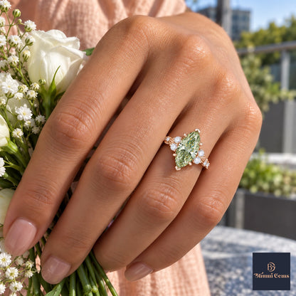 Green Marquise Cut Lab Grown Diamond Engagement Ring - Cluster Vine Band in rose gold, on the hand