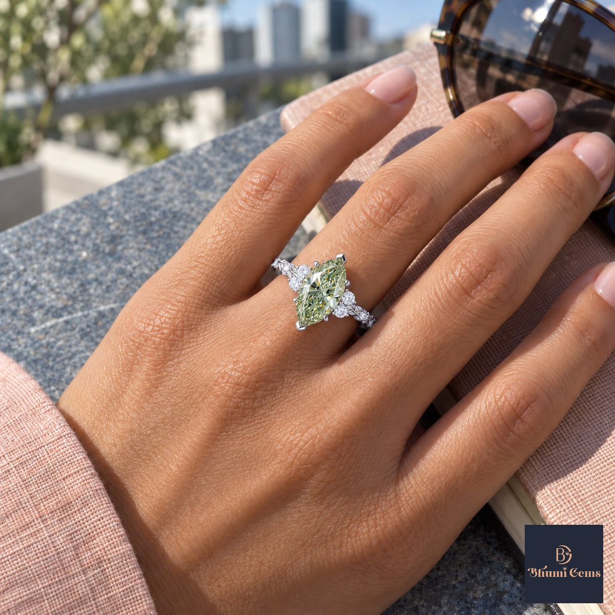 Green Marquise Cut Lab Grown Diamond Engagement Ring - Cluster Vine Band in white gold, worn on the hand