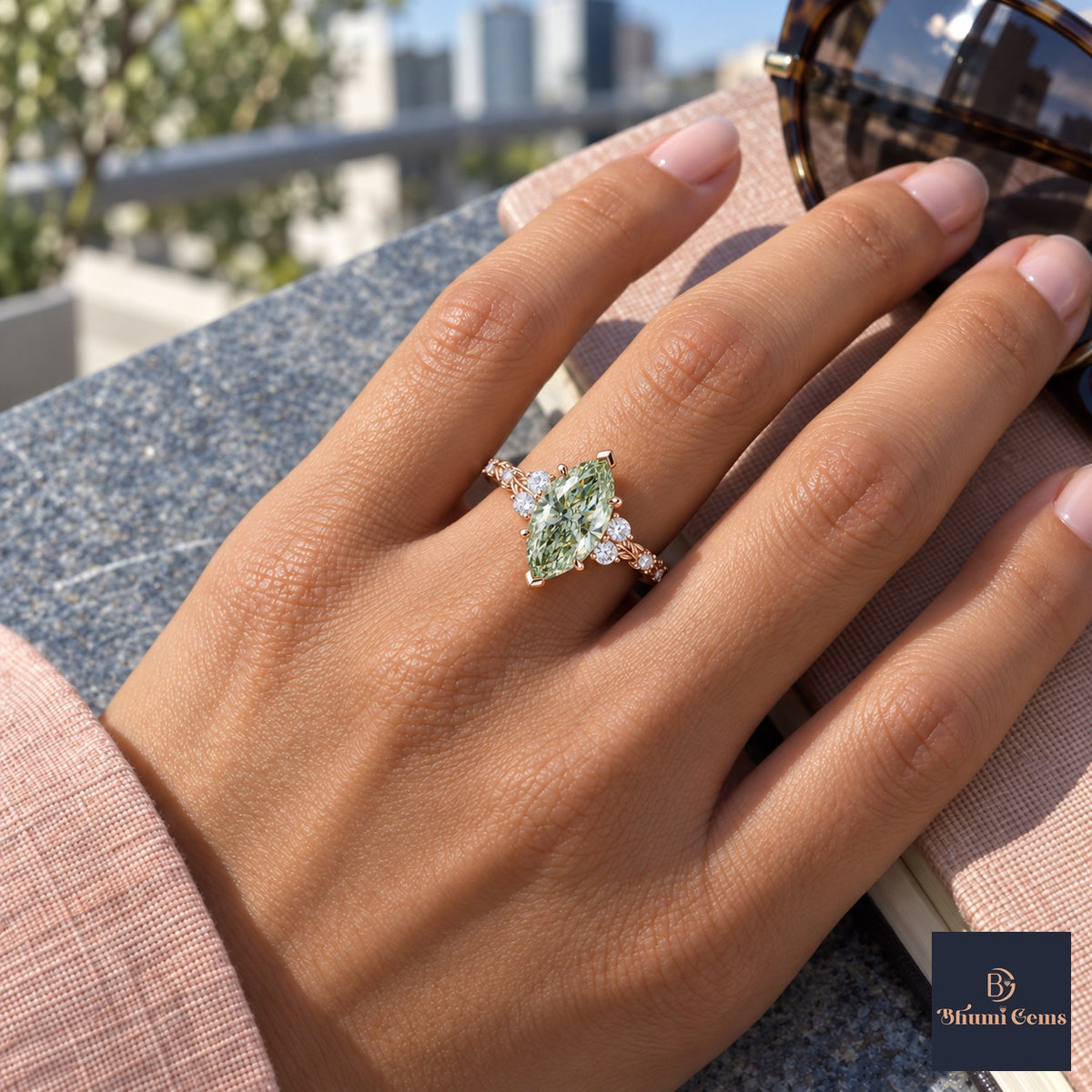 Green Marquise Cut Lab Grown Diamond Engagement Ring - Cluster Vine Band in rose gold, worn on the hand