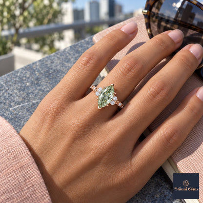 Green Marquise Cut Lab Grown Diamond Engagement Ring - Cluster Vine Band in rose gold, worn on the hand
