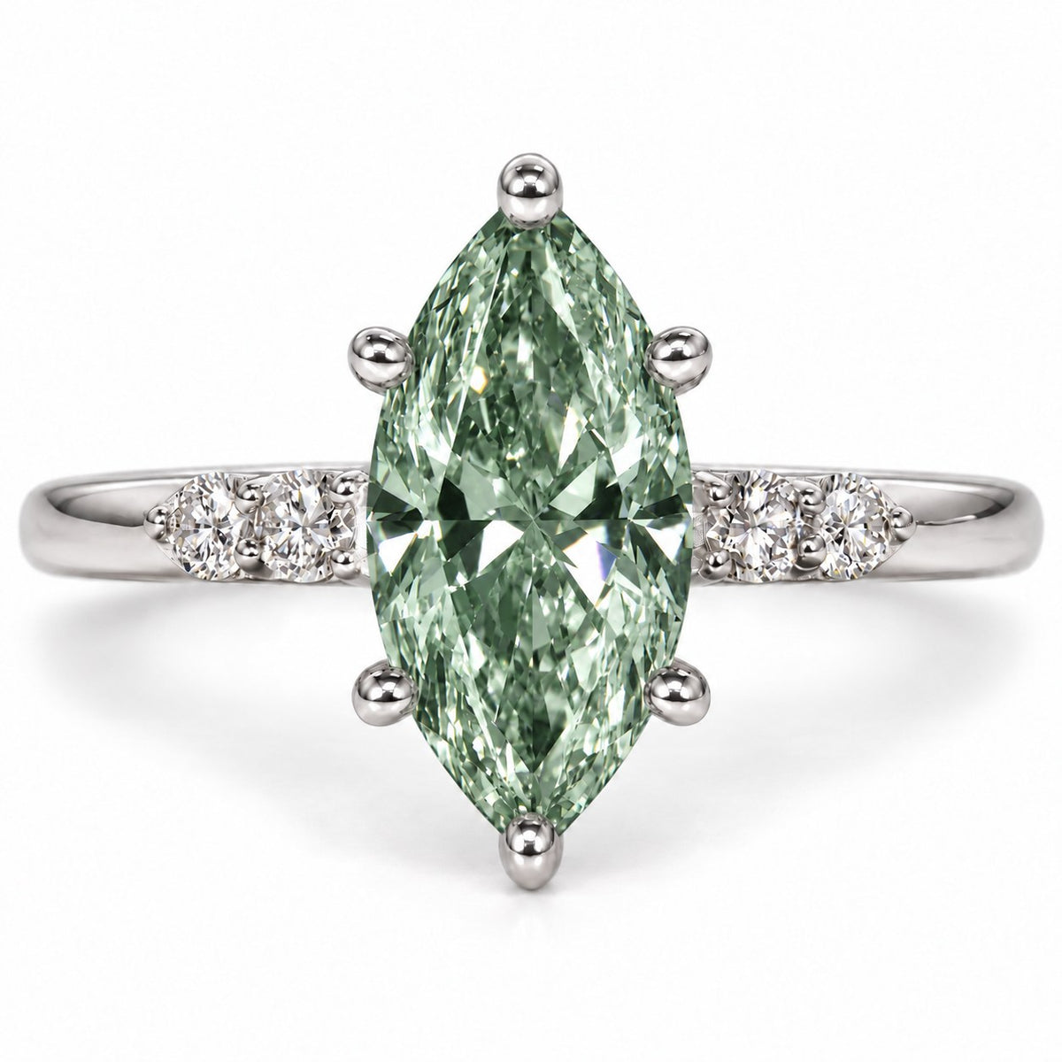 Green Marquise Cut Lab Grown Diamond Engagement Ring - Round Accents in white gold, front view