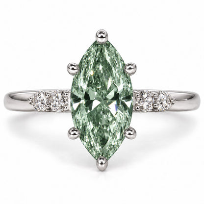 Green Marquise Cut Lab Grown Diamond Engagement Ring - Round Accents in white gold, front view