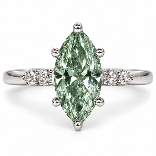 Green Marquise Cut Lab Grown Diamond Engagement Ring - Round Accents in white gold, front view