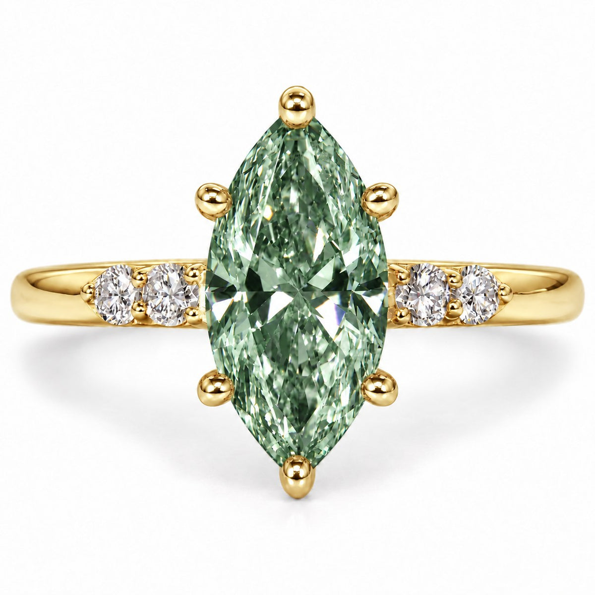 Green Marquise Cut Lab Grown Diamond Engagement Ring - Round Accents in yellow gold, front view