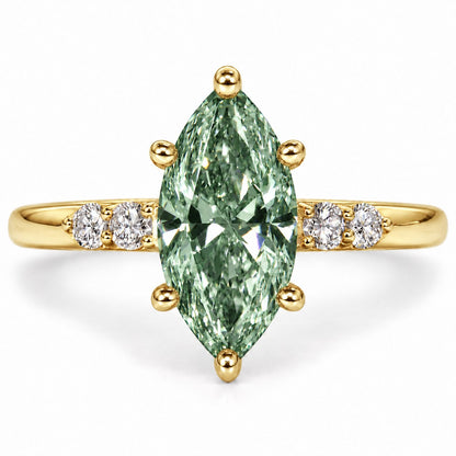 Green Marquise Cut Lab Grown Diamond Engagement Ring - Round Accents in yellow gold, front view