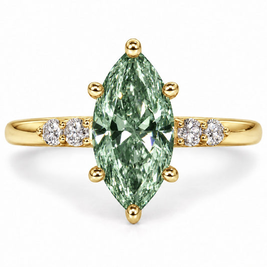 Green Marquise Cut Lab Grown Diamond Engagement Ring - Round Accents in yellow gold, front view