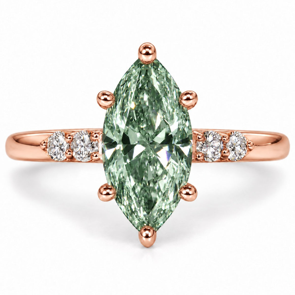Green Marquise Cut Lab Grown Diamond Engagement Ring - Round Accents in rose gold, front view