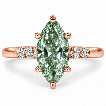 Green Marquise Cut Lab Grown Diamond Engagement Ring - Round Accents in rose gold, front view