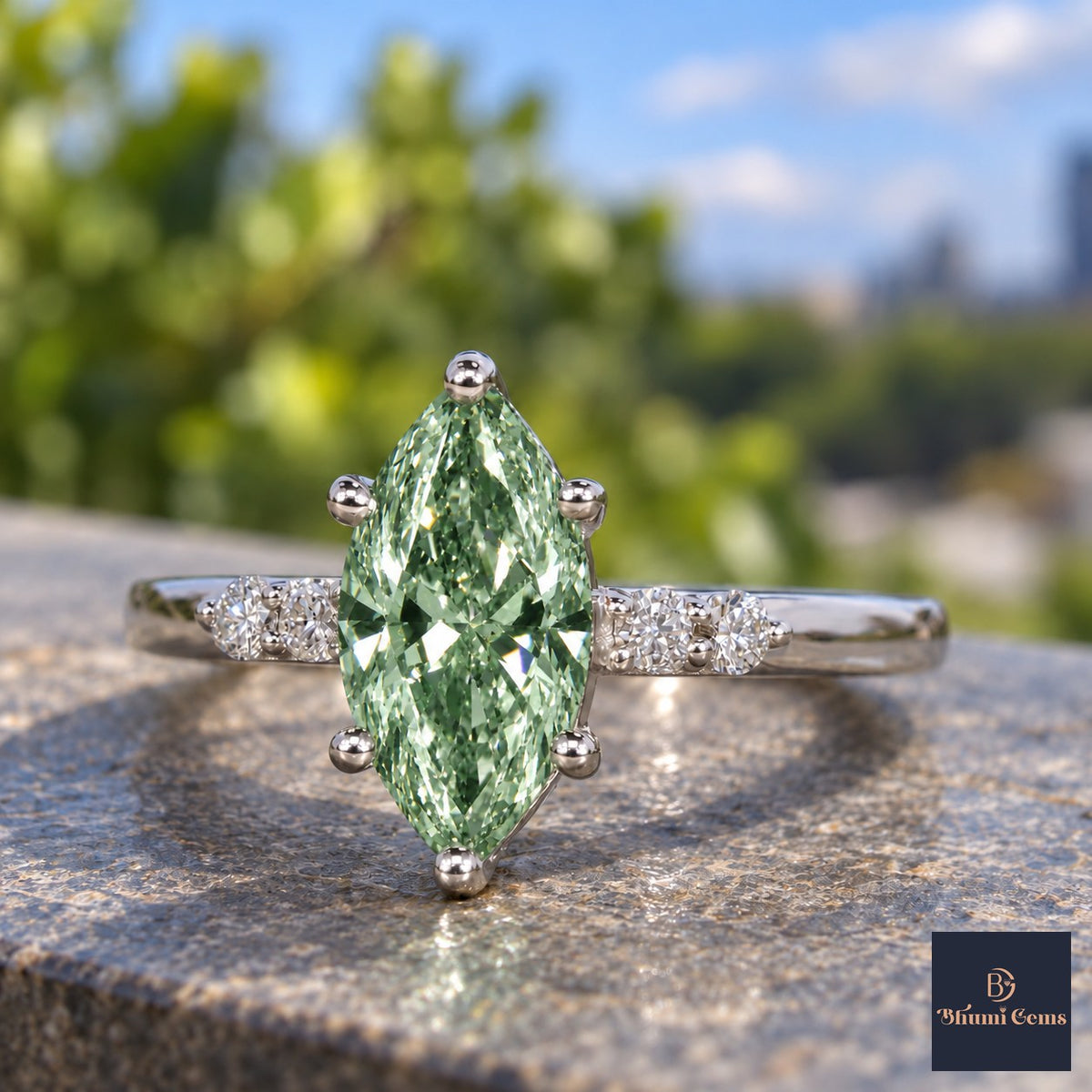 Green Marquise Cut Lab Grown Diamond Engagement Ring - Round Accents in white gold, close-up