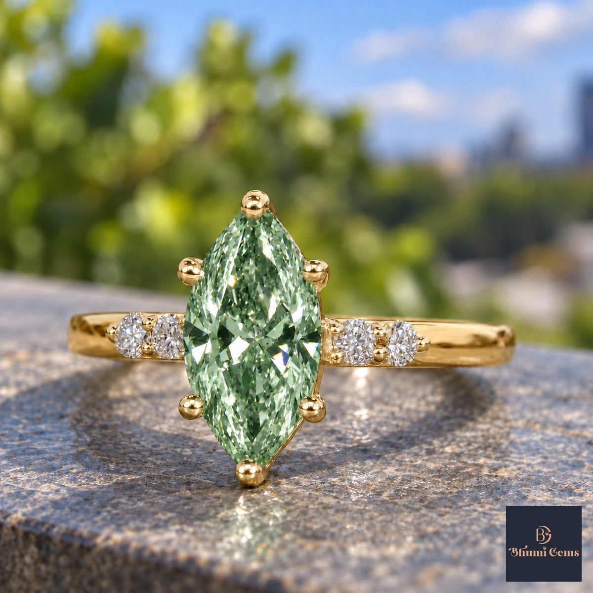 Green Marquise Cut Lab Grown Diamond Engagement Ring - Round Accents in yellow gold, close-up
