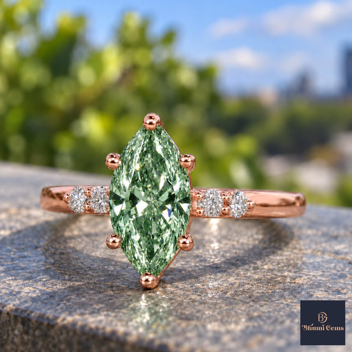 Green Marquise Cut Lab Grown Diamond Engagement Ring - Round Accents in rose gold, close-up