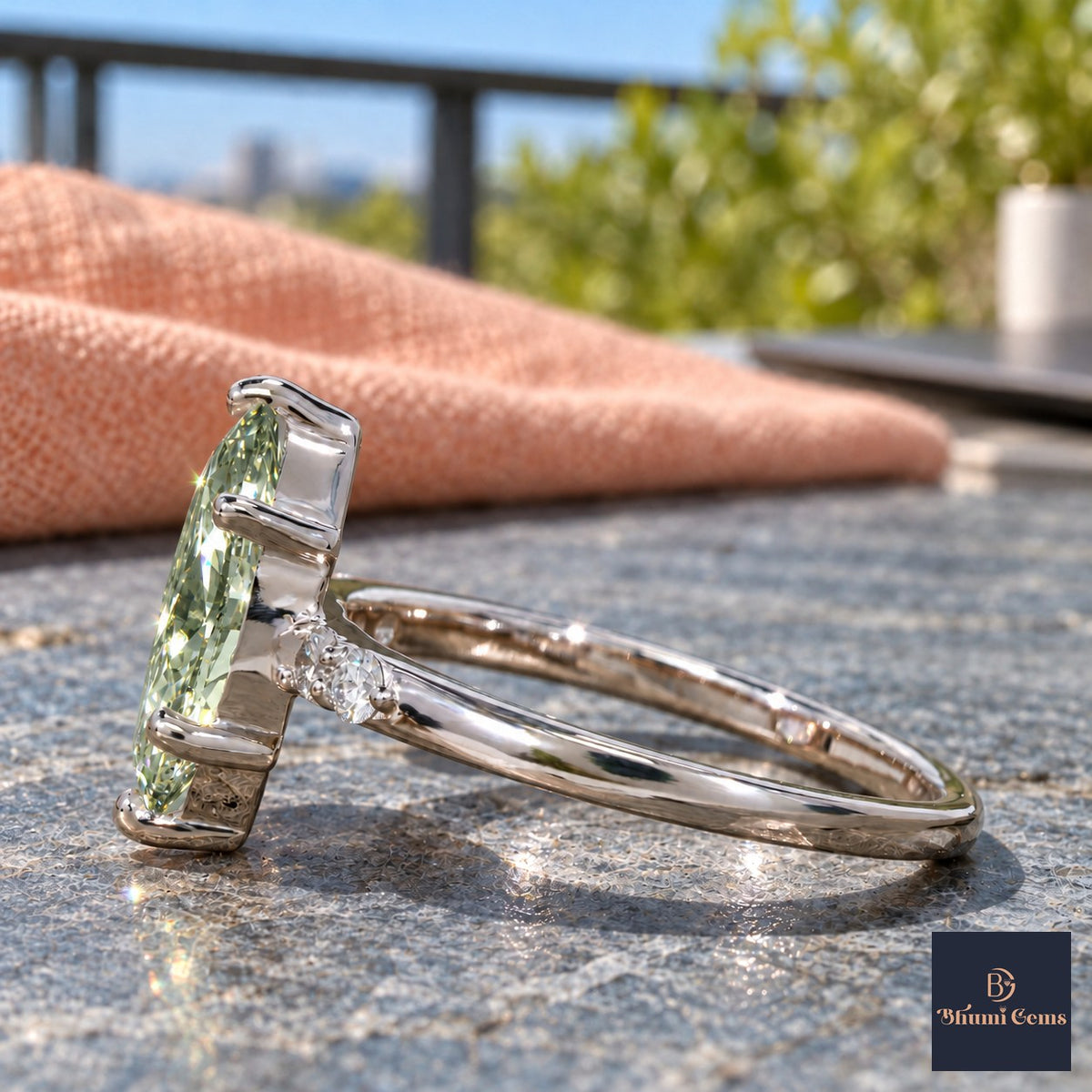 Green Marquise Cut Lab Grown Diamond Engagement Ring - Round Accents in white gold, side view