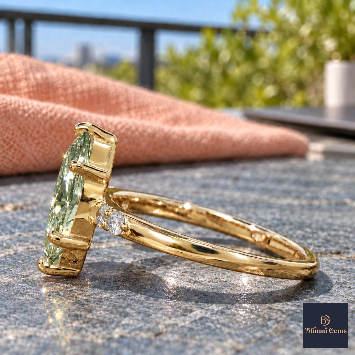 Green Marquise Cut Lab Grown Diamond Engagement Ring - Round Accents in yellow gold, side view