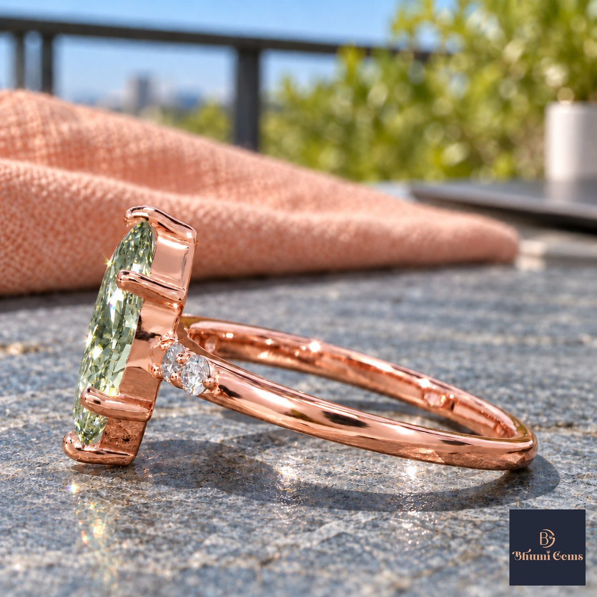 Green Marquise Cut Lab Grown Diamond Engagement Ring - Round Accents in rose gold, side view