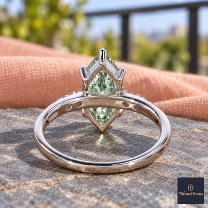 Green Marquise Cut Lab Grown Diamond Engagement Ring - Round Accents in white gold, gallery view