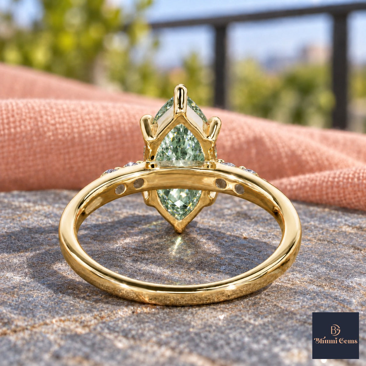 Green Marquise Cut Lab Grown Diamond Engagement Ring - Round Accents in yellow gold, gallery view